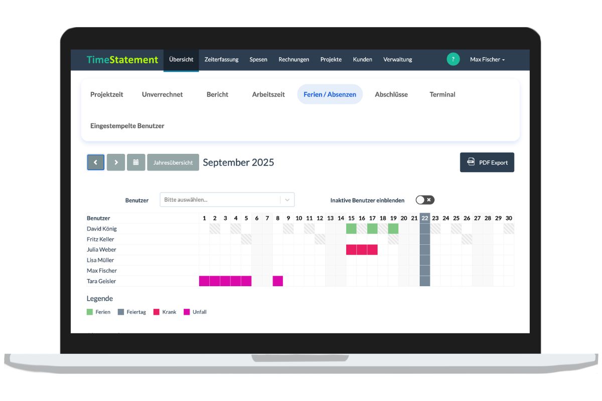 TimeStatement Absenzenmanagement Software Schweiz mit Ferienkalender und Teamübersicht