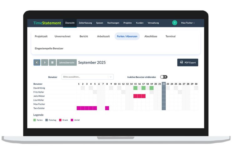 TimeStatement Abwesenheitsverwaltung Software mit Urlaubskalender und Teamübersicht