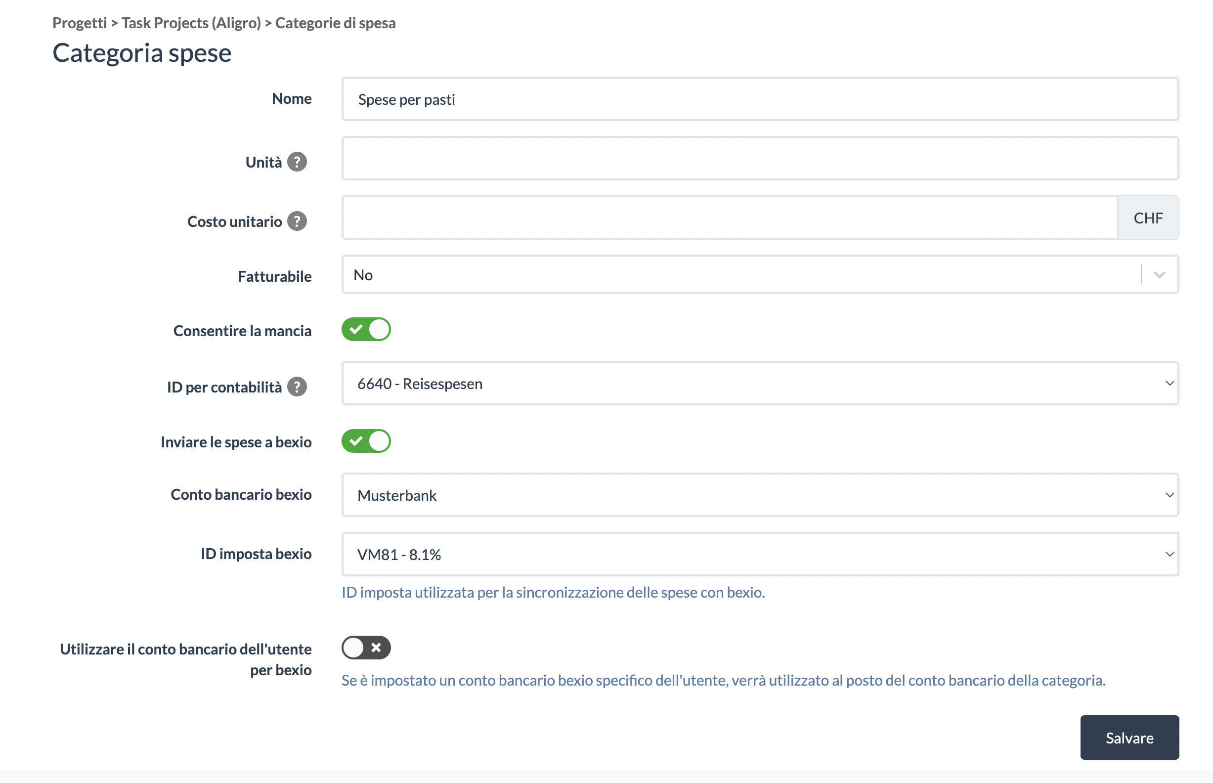 Configurare categorie di note spese nel progetto per bexio