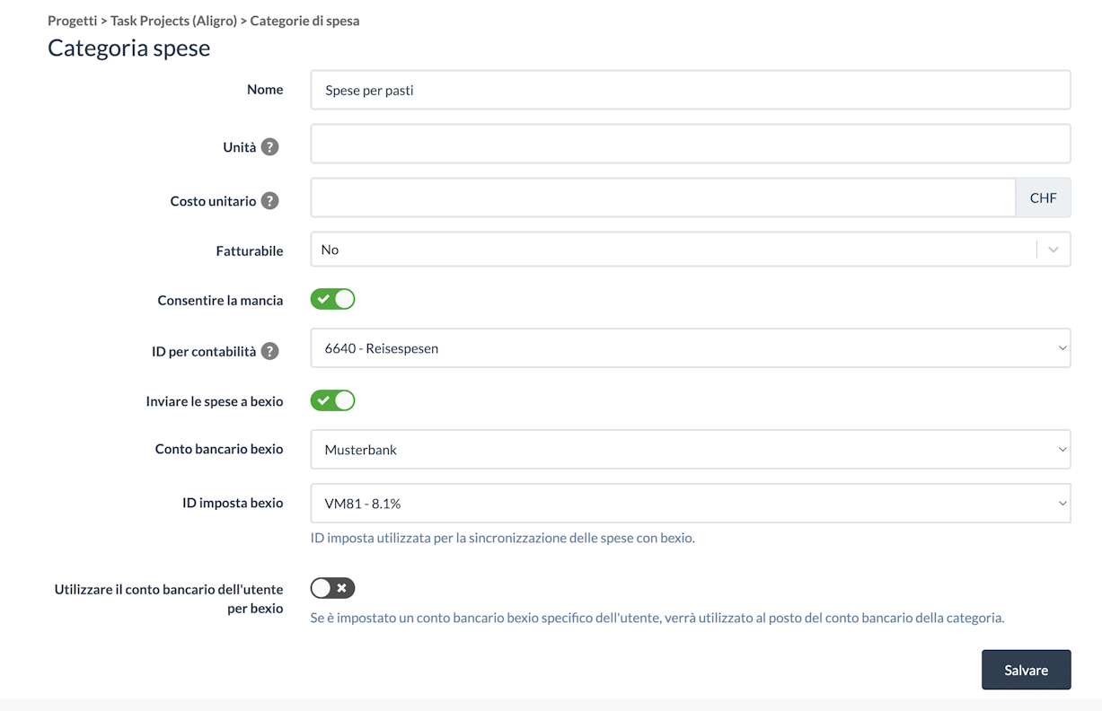 Configurare categorie di note spese nel progetto per bexio
