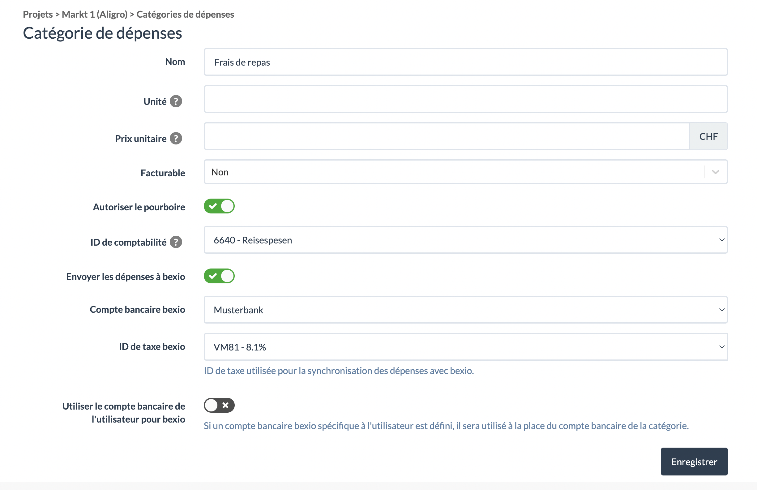 Configurer les categories de frais dans un projet pour bexio