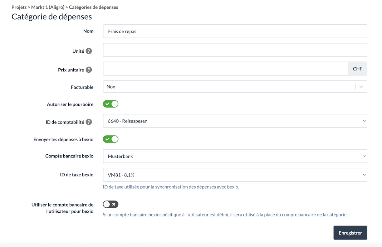 Configurer les categories de frais dans un projet pour bexio