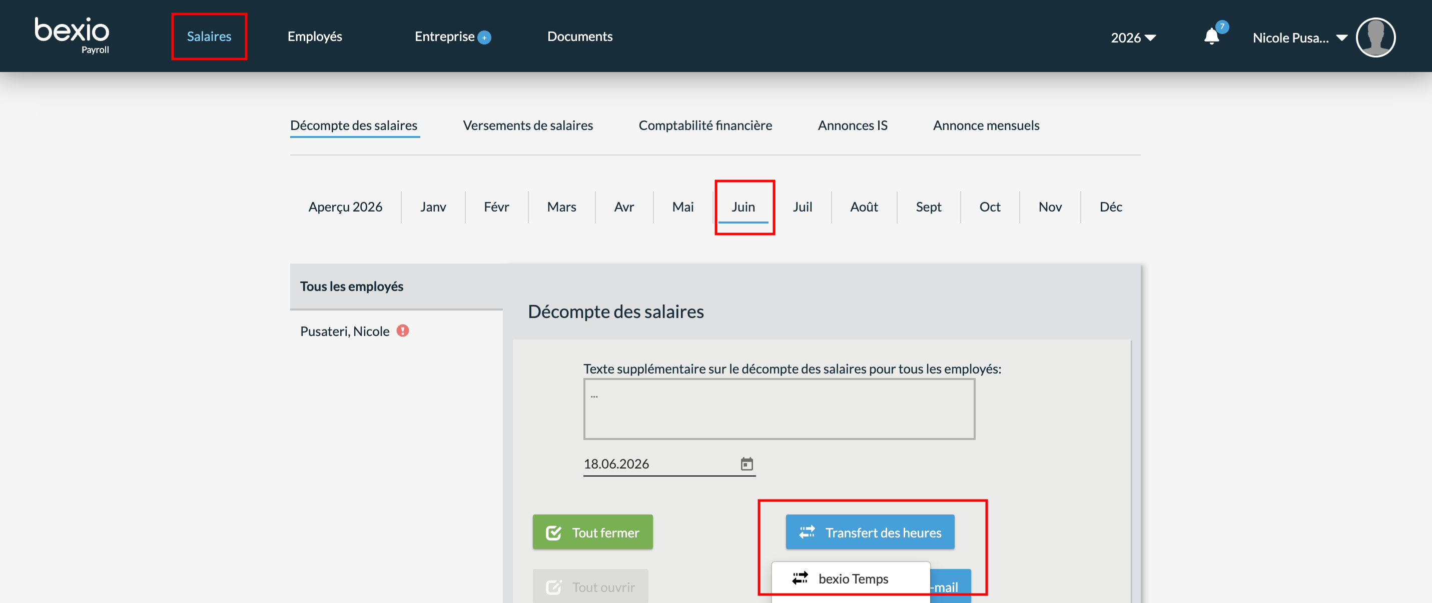 Transfert des heures de TimeStatement dans la comptabilité salariale bexio