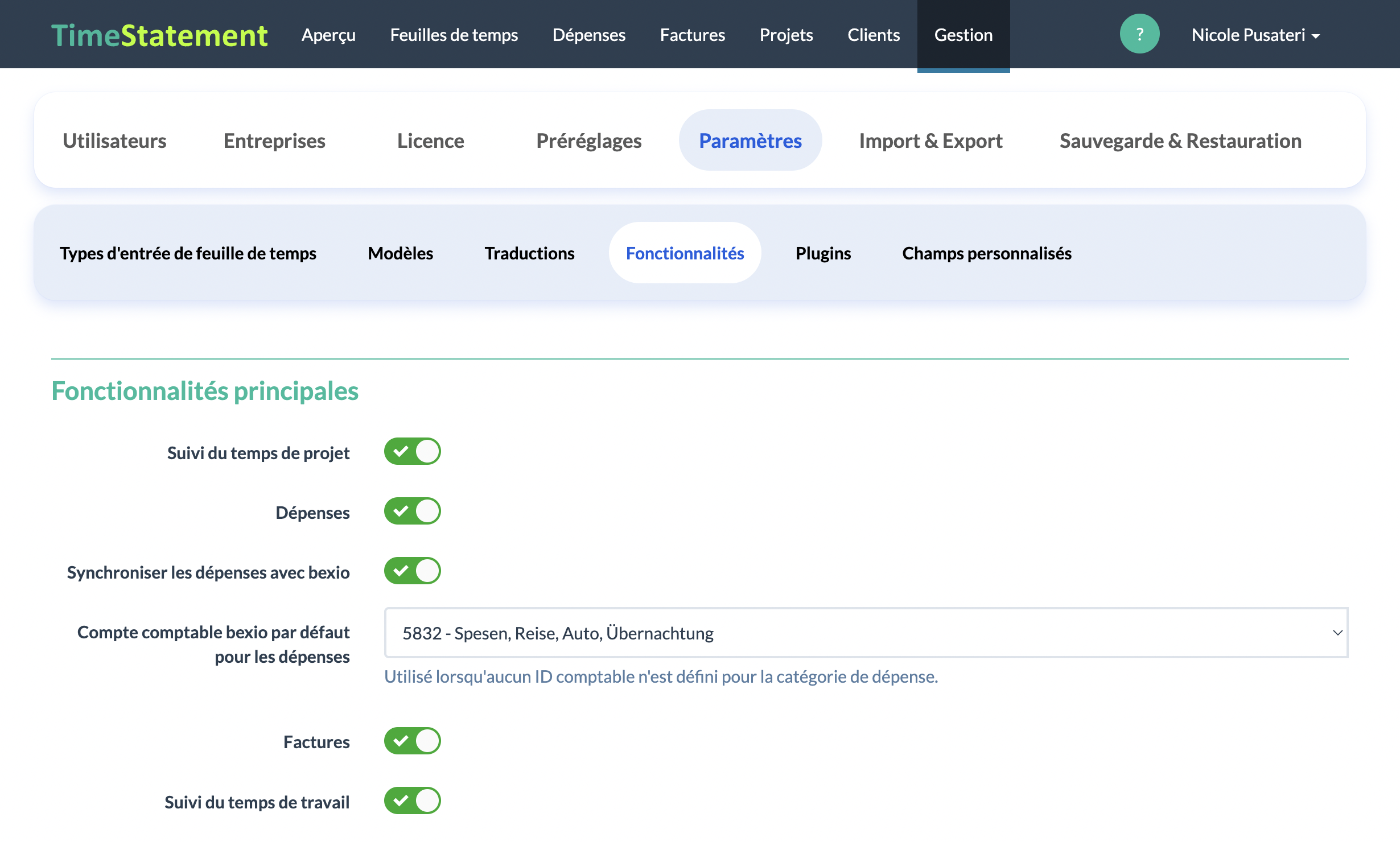 Activer la synchronisation des frais avec bexio