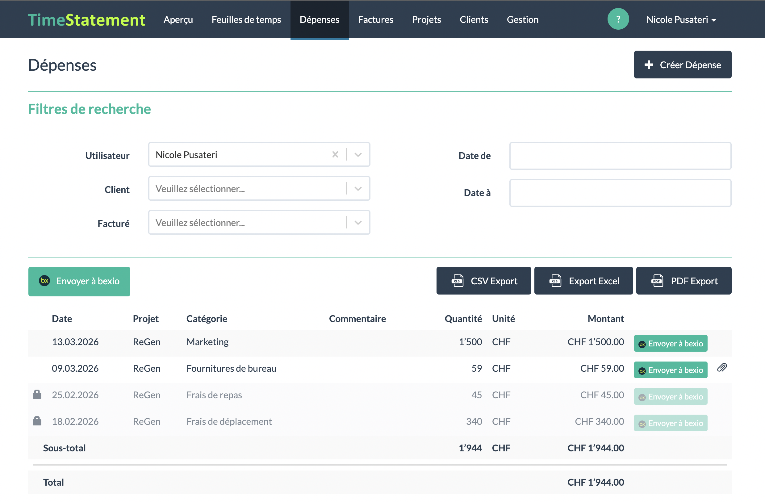 Transfert direct des notes de frais vers bexio