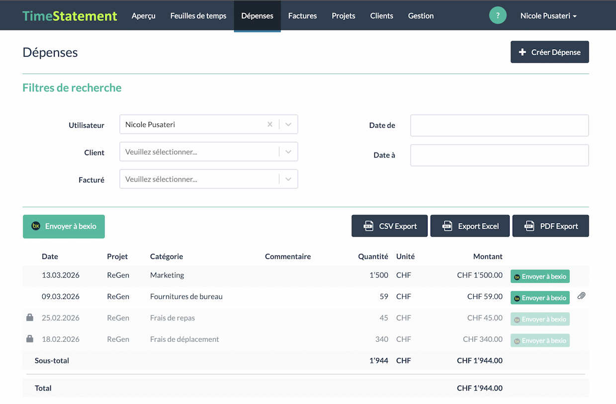 Transfert direct des notes de frais vers bexio