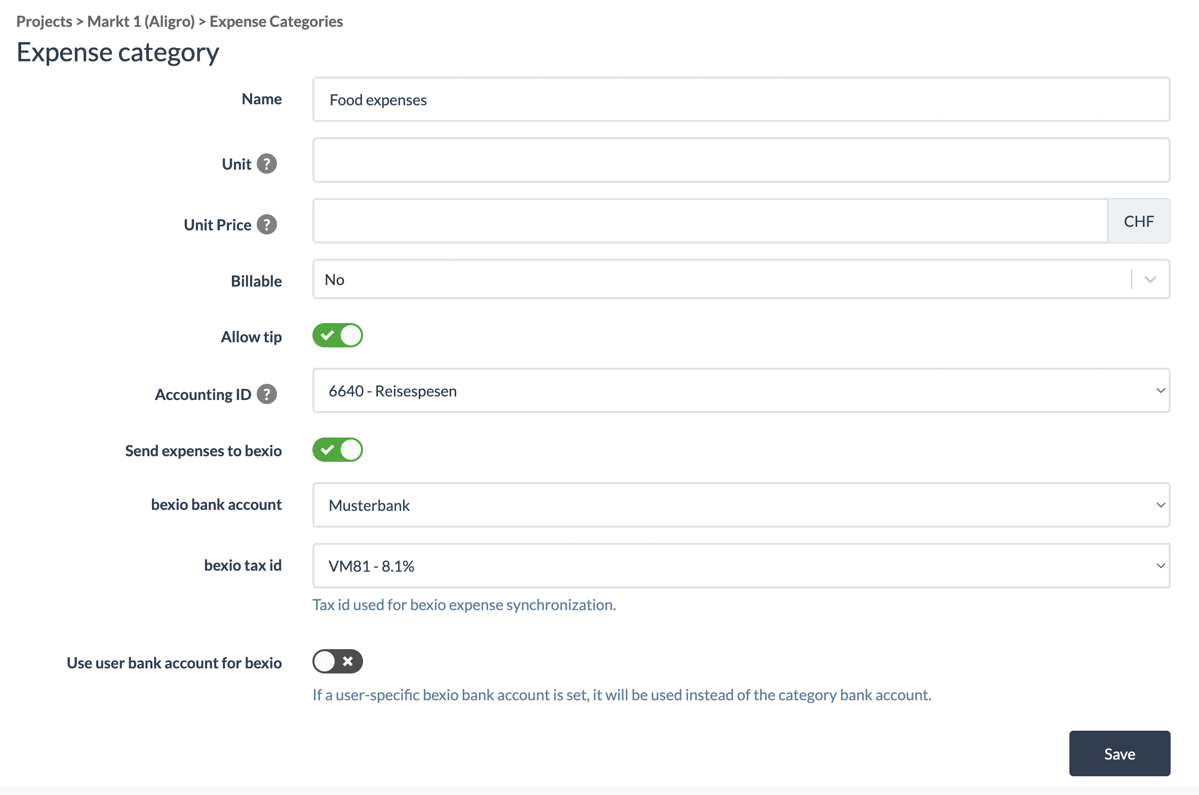 Configure project expense categories for bexio