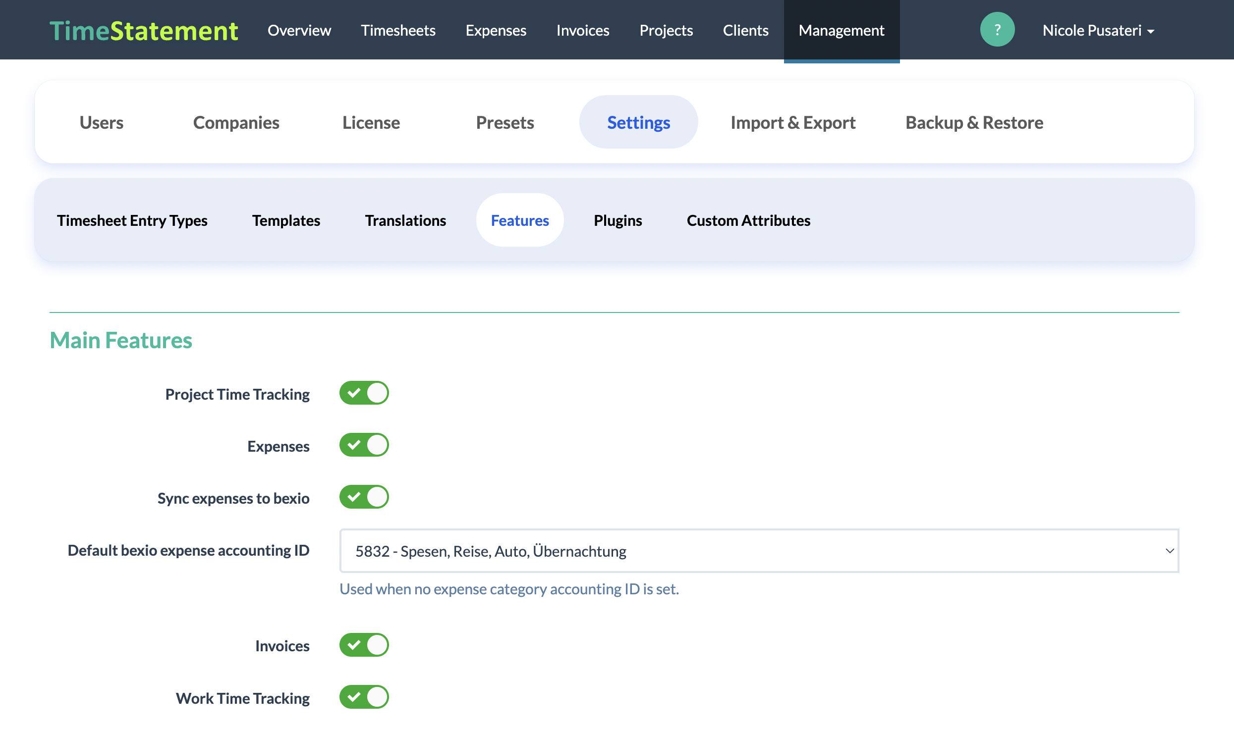 Enable expense synchronization with bexio in TimeStatement