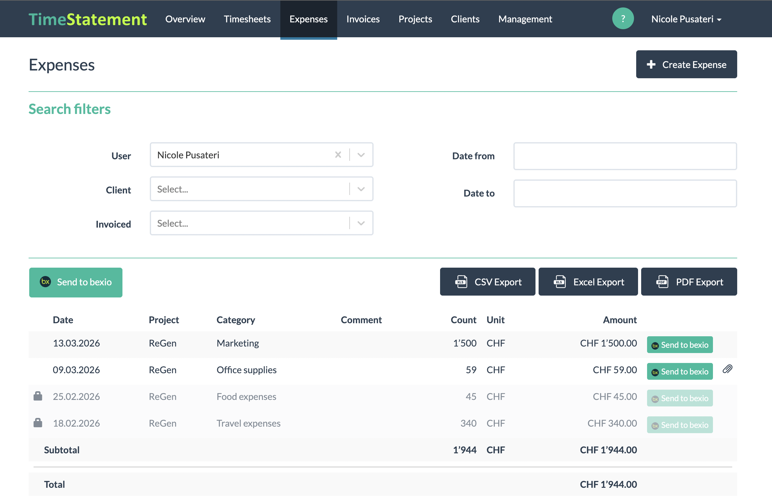 Send expenses from TimeStatement to bexio