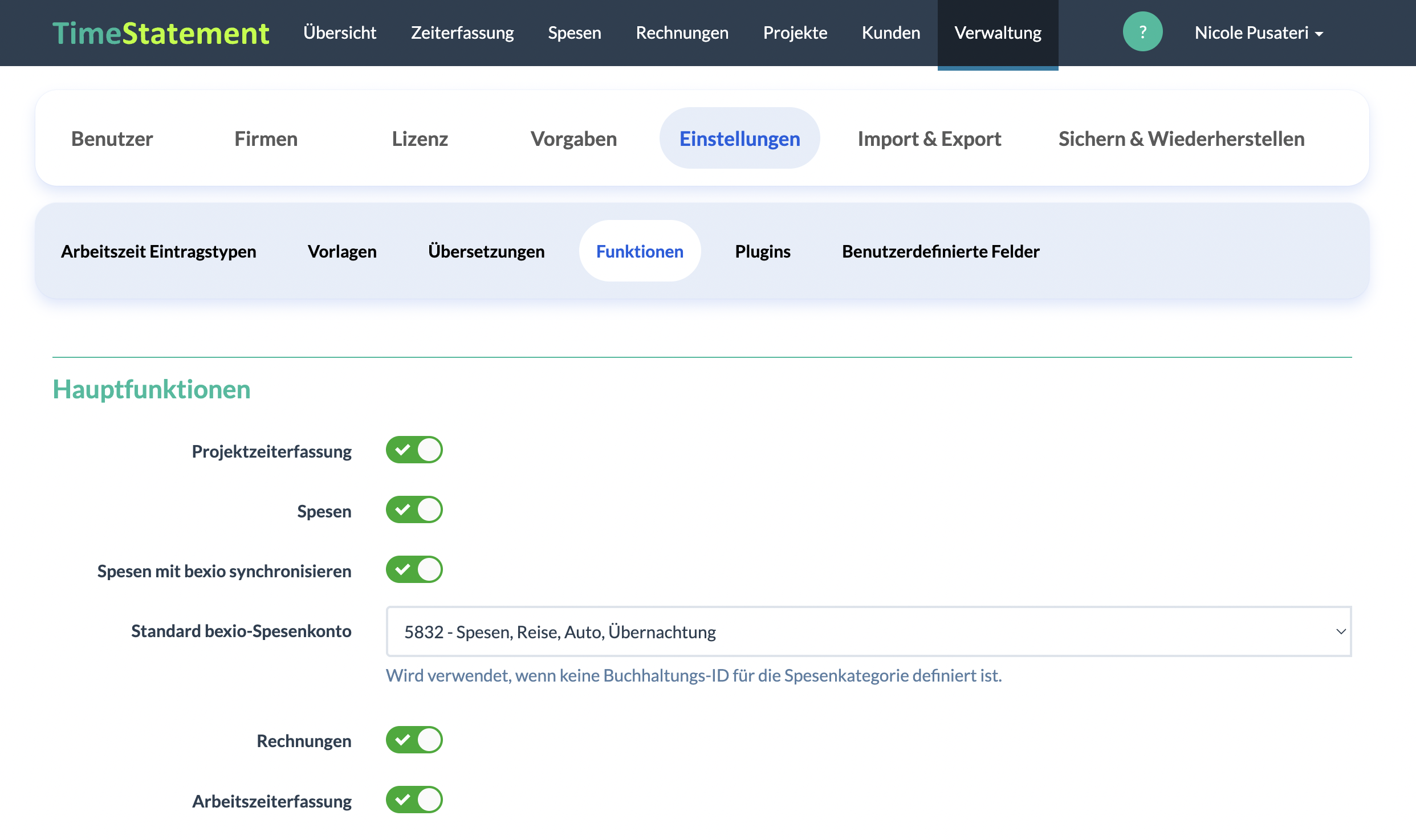 bexio Spesen mit TimeStatement synchronisieren aktivieren