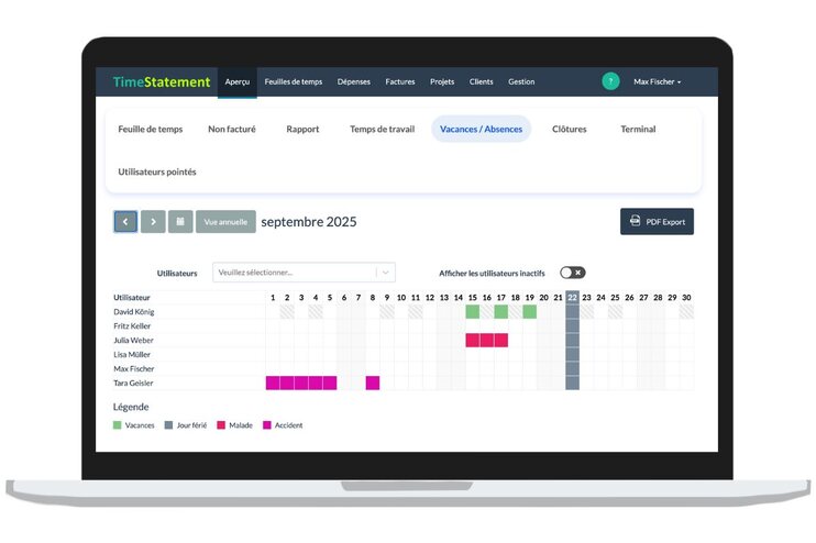 Logiciel TimeStatement de gestion des absences avec calendrier des congés d'équipe