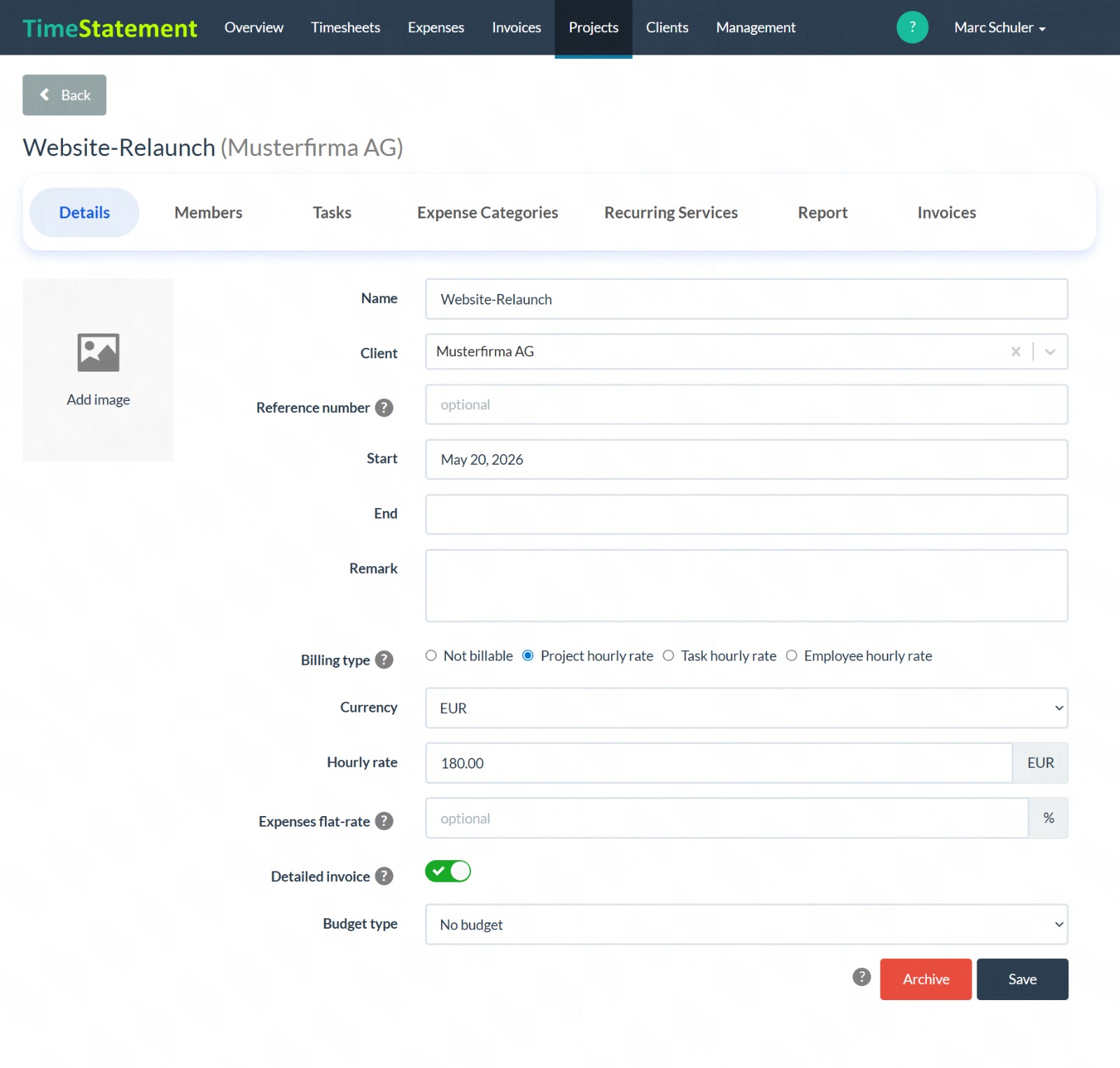 Set up projects and customers in the Harvest alternative TimeStatement